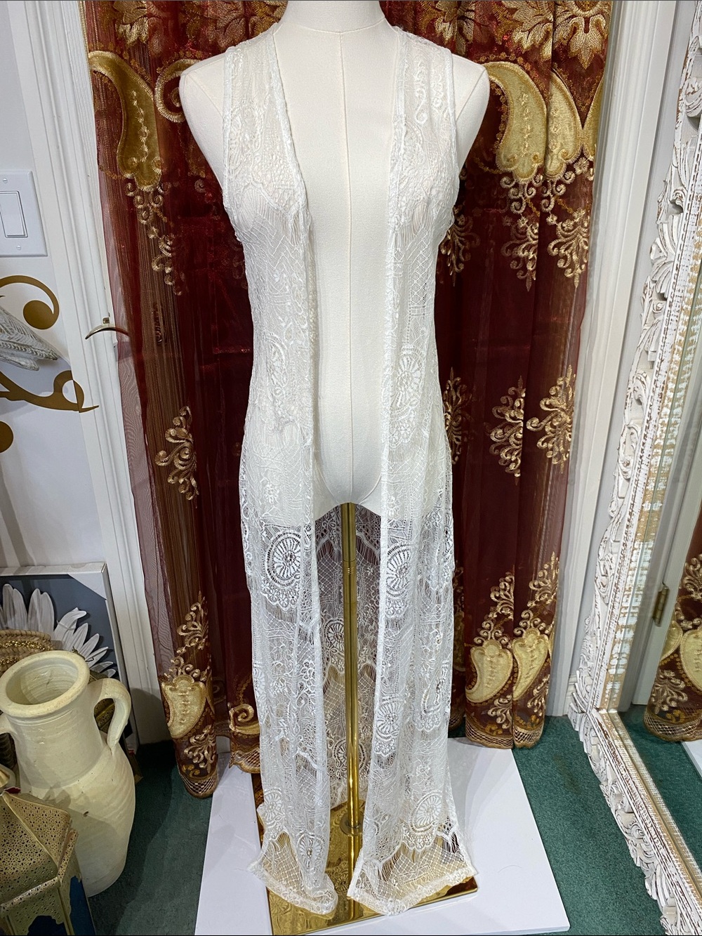 Off White Lace Sheer Long Vest Kimono NWOT
